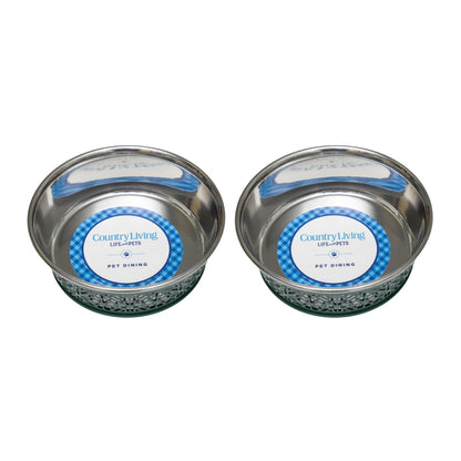 Juego de 2 comederos de acero inoxidable para perros Country Living, estilo rústico, ideal para perros pequeños y medianos. 
