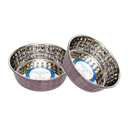 Country Living Set of 2 Hammered Stainless Steel Dog Bowls – Lavender - Tampa Home & Garden Store