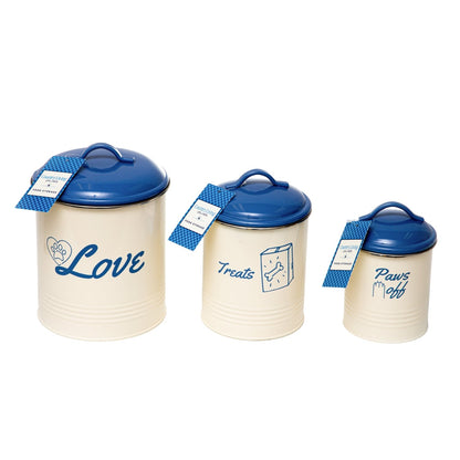 Juego de 3 botes para premios para mascotas de Country Living, para guardar premios para perros (tapa azul francesa)
