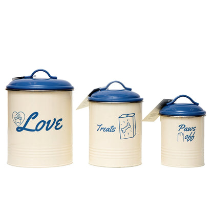 Juego de 3 botes para premios para mascotas de Country Living, para guardar premios para perros (tapa azul francesa)