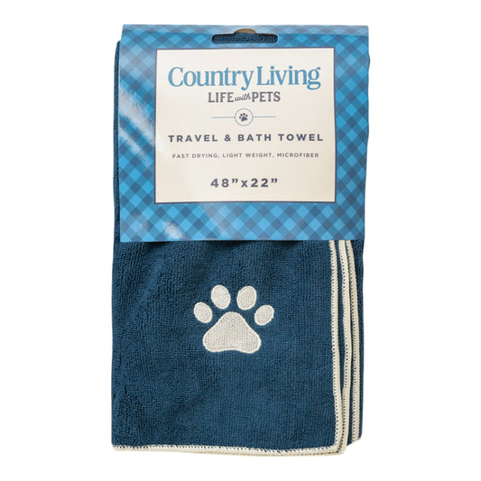 Country Living Large Marine Blue Microfiber Dog Bath Towel with Embroidered Paw Print - Tampa Home & Garden Store