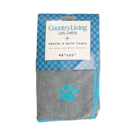 Country Living Large Gray Microfiber Dog Bath Towel with Teal Embroidered Paw Print - Tampa Home & Garden Store