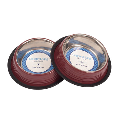 Juego de 2 cuencos antideslizantes acanalados para mascotas Country Living – Rojo Merlot
