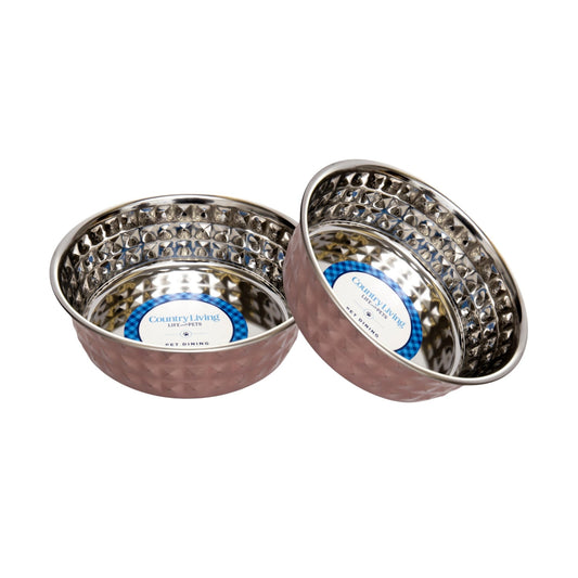 Country Living Set of 2 Hammered Stainless Steel Dog Bowls – Ideal for Extra Large Breeds – Rose Quartz/64oz - Tampa Home & Garden Store