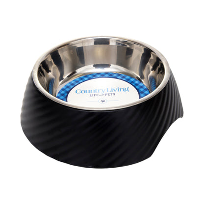 Ensemble de 2 gamelles rondes pour chien Country Living en mélamine sergée avec inserts amovibles en acier inoxydable – Noir