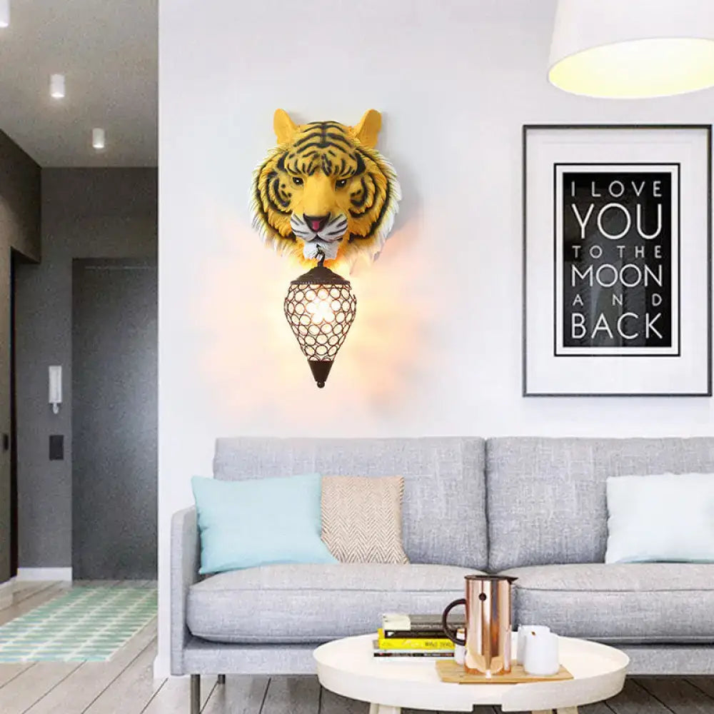 Decorbites Tiger Crystal Wall Sconce yellow/grey with tiger head and lattice lantern on Tampa Home & Garden Store