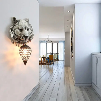 Tiger Crystal Wall Sconce grey wall mount with tiger head and lattice lantern on Tampa Home & Garden Store