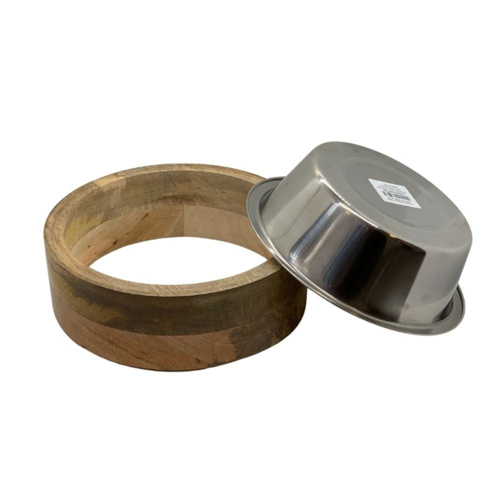 Gamelle pour chien en acier inoxydable Country Living avec support cylindrique en bois de manguier