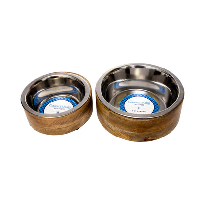 Gamelle pour chien en acier inoxydable Country Living avec support cylindrique en bois de manguier
