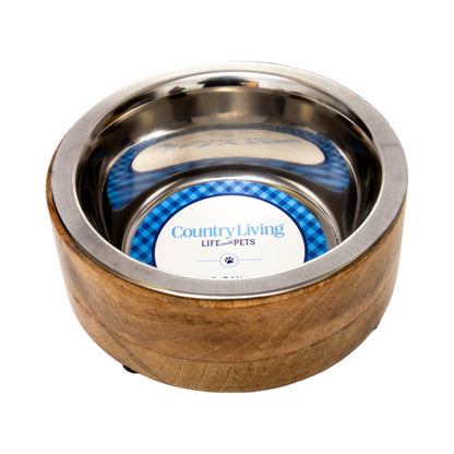 Gamelle pour chien en acier inoxydable Country Living avec support cylindrique en bois de manguier