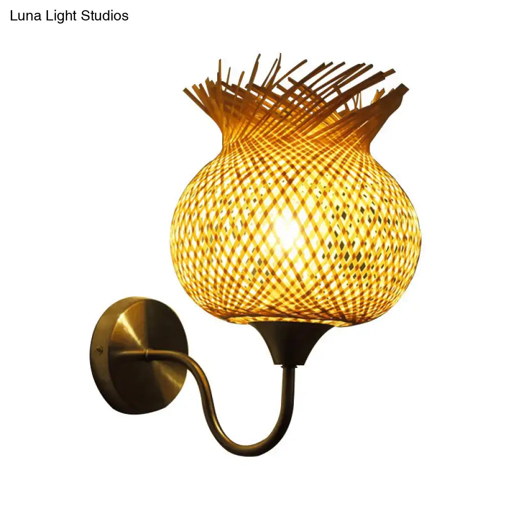 Beige rattan wall sconce by Decorbites, brass curved arm with woven shade, Home & Garden on Tampa Home & Garden Store