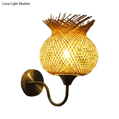 Beige rattan wall sconce by Decorbites, brass curved arm with woven shade, Home & Garden on Tampa Home & Garden Store