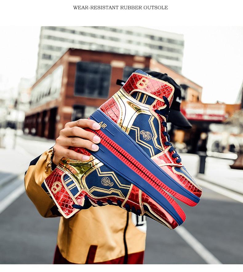 Stevvex high-top sneakers multicolor red blue gold panels with blue sole non-slip outsole on Tampa Home & Garden Store