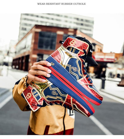 Stevvex high-top sneakers multicolor red blue gold panels with blue sole non-slip outsole on Tampa Home & Garden Store