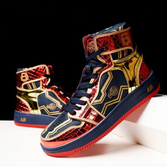 Stevvex high-top sneakers pair in multicolor red navy gold with snakeskin panels on Tampa Home & Garden Store