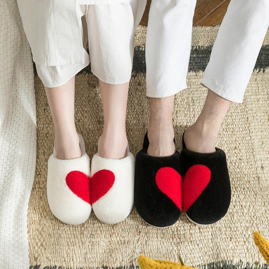Stevvex couple warm slippers white and black with red heart indoor footwear on rug on Tampa Home & Garden Store
