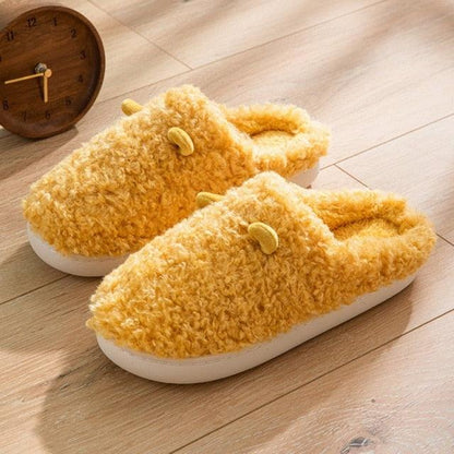 Stevvex yellow fluffy faux fur house slippers pair with white anti-slip sole on Tampa Home & Garden Store