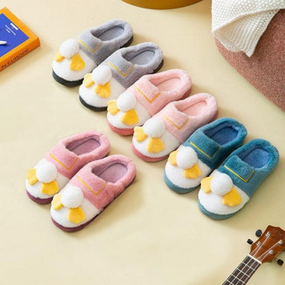 Stevvex plush couples slippers in six colors with white toe caps and yellow bows, soft fur anti-slip soles on Tampa Home & Garden Store