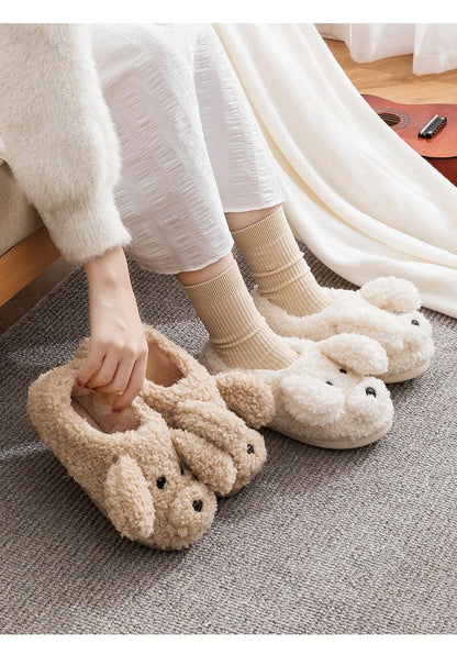 Two pairs of plush animal slippers beige and white faux fur cozy home slippers for him and her on Tampa Home & Garden Store