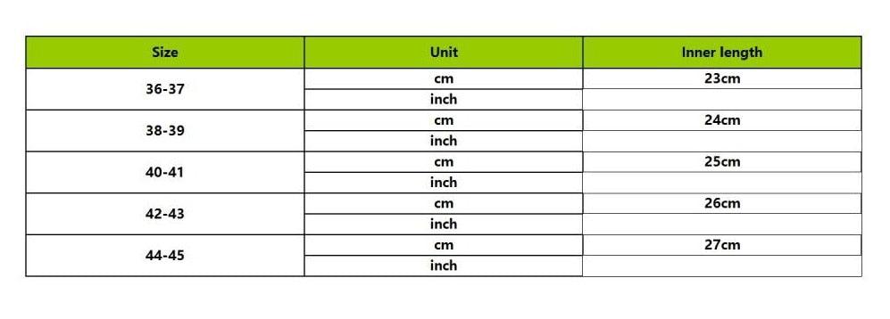 Stevvex slippers size chart showing inner lengths 23–27 cm for sizes 36–37 to 44–45 on Tampa Home & Garden Store