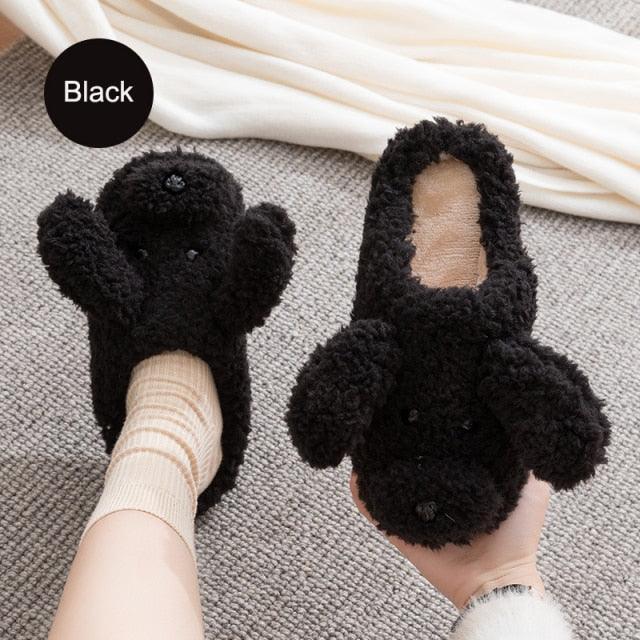 Stevvex black plush animal slippers pair, fuzzy faux fur indoor house footwear on Tampa Home & Garden Store