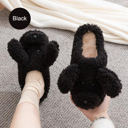 Stevvex black plush animal slippers pair, fuzzy faux fur indoor house footwear on Tampa Home & Garden Store