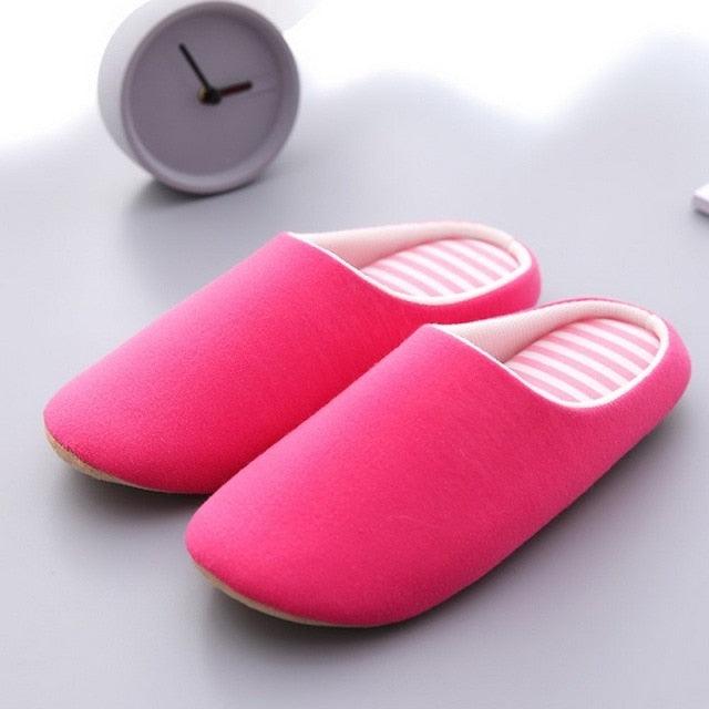 Pink couple slippers with plush lining and striped insole, cozy fuzzy house shoes on Tampa Home & Garden Store