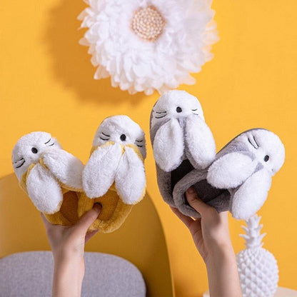 Stevvex two-pair plush bunny slippers tan and gray faux fur with white faces anti-skid sole on Tampa Home & Garden Store