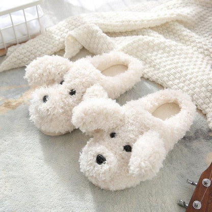 Fluffy cream dog-face slippers pair for couples, faux fur plush with anti-slip sole on Tampa Home & Garden Store