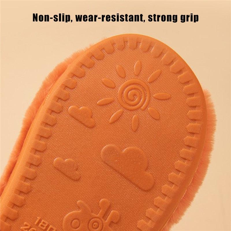Stevvex unisex orange plush fur slippers with anti-slip sole and sun cloud embossing on Tampa Home & Garden Store