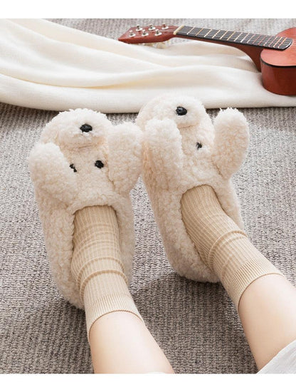 Stevvex cream beige plush slippers with bear-ear faux fur, unisex pair, cozy anti-skid on Tampa Home & Garden Store