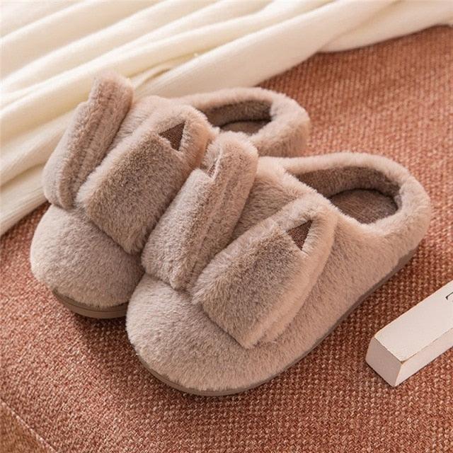 Beige fuzzy plush slippers Stevvex pair with double-strap design for home on Tampa Home & Garden Store