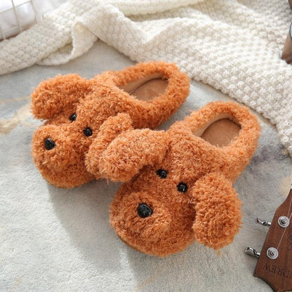 Stevvex dog-face plush slippers, warm brown fuzzy fur, cozy pair of indoor house slippers on Tampa Home & Garden Store