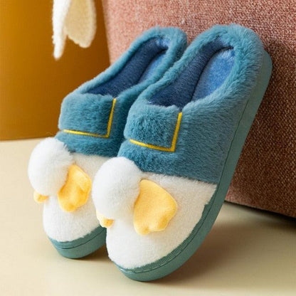 Stevvex blue plush couple slippers with teal fur and white panel and yellow accents on Tampa Home & Garden Store