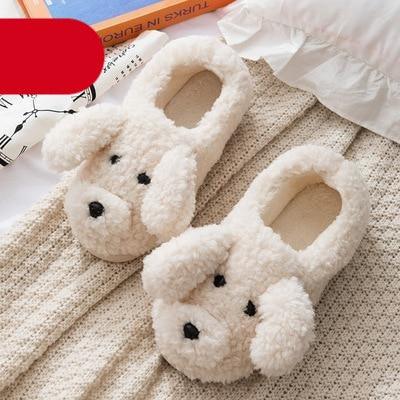 Stevvex cream plush dog slippers, dog-face design, 2 slippers on Tampa Home & Garden Store