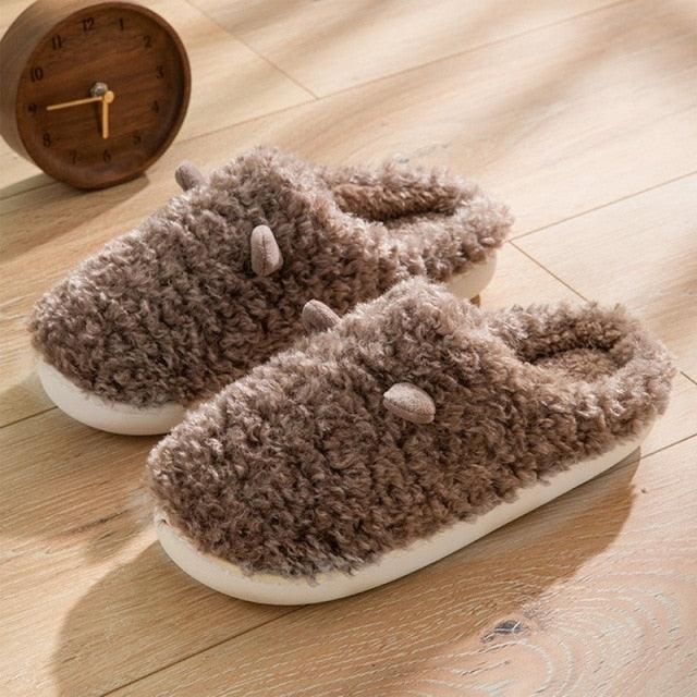 Slippers Stevvex fuzzy brown faux fur pair for couples, warm plush house shoes on Tampa Home & Garden Store