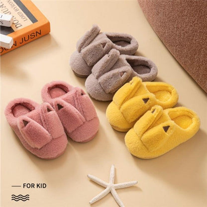 Three-color plush kids slippers set in pink gray yellow, fuzzy faux fur, anti-slip soles on Tampa Home & Garden Store