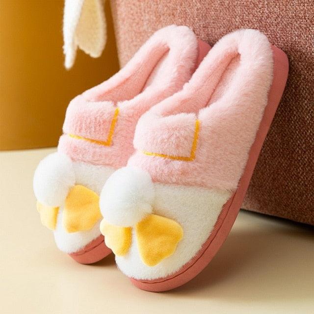 Stevvex pink fluffy couple slippers with yellow bows, plush faux fur, anti-skid sole on Tampa Home & Garden Store