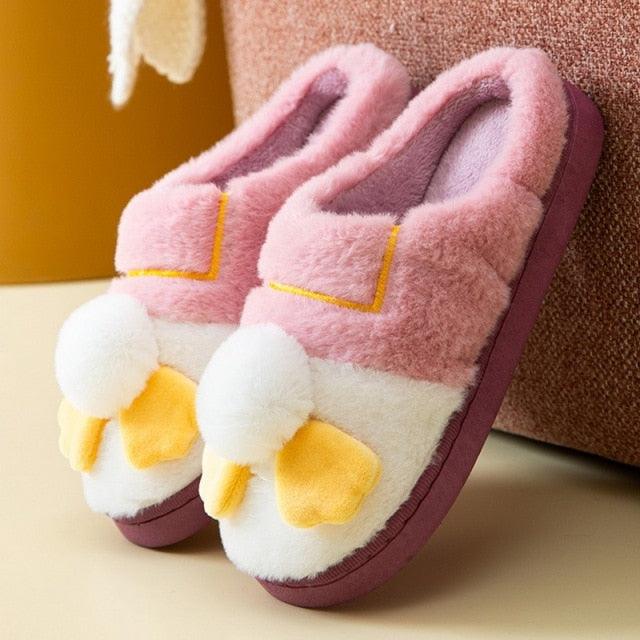 Slippers Stevvex pink fluffy pair with white bow faux fur anti-skid sole on Tampa Home & Garden Store