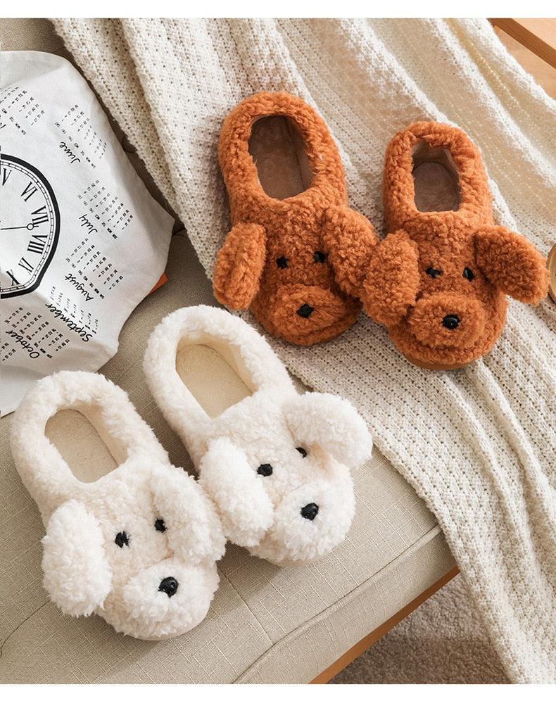 Slippers Stevvex plush dog slippers set: 4-piece white and brown fluffy fur house slippers on Tampa Home & Garden Store