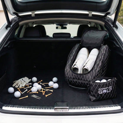 Premium Golf Shoe Bag by Aiming Fluid Golf, vented synthetic leather, black quilted bag on Tampa Home & Garden Store