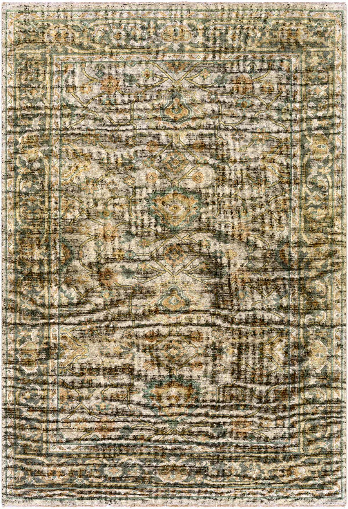 Coylton Area Rug by Boutique Rugs, ornate antique floral pattern in olive, gold, cream on Tampa Home & Garden Store