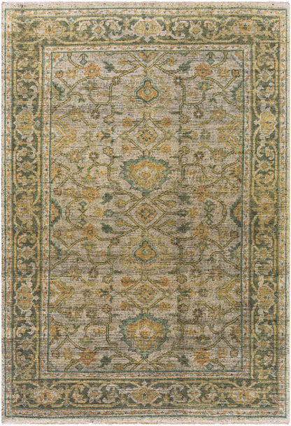 Coylton Area Rug by Boutique Rugs, ornate antique floral pattern in olive, gold, cream on Tampa Home & Garden Store