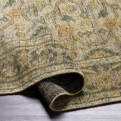 Coylton Area Rug close-up in beige olive and gold tones with floral motif on Tampa Home & Garden Store