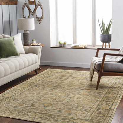Coylton Area Rug by Boutique Rugs, beige distressed rug with green and blue border on Tampa Home & Garden Store