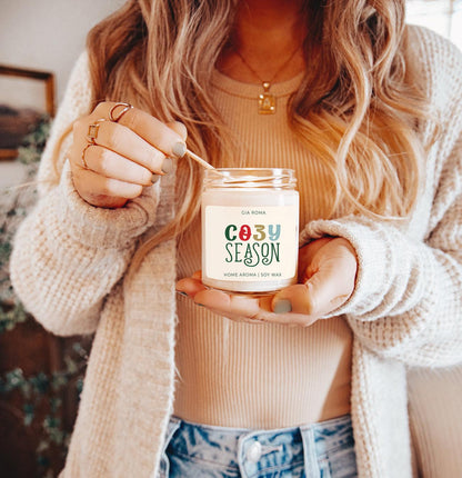 Cozy Season Candle by Gia Roma, soy wax jar with white label on Tampa Home & Garden Store