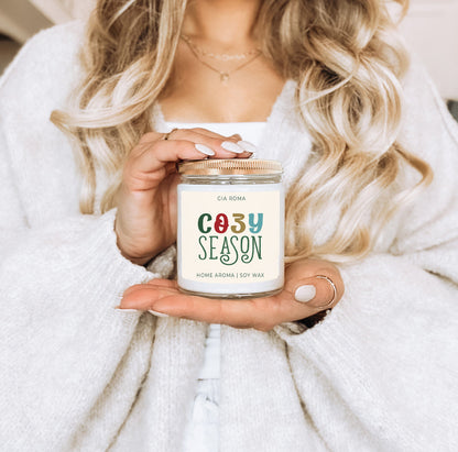 Candle Cozy Season by Gia Roma, soy wax in a glass jar with rose gold lid on Tampa Home & Garden Store