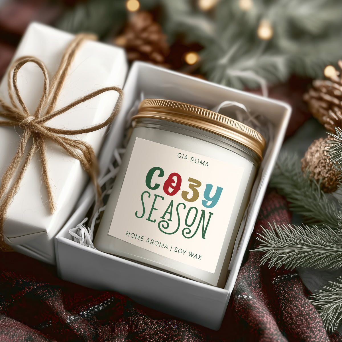 Candle Cozy Season Gia Roma in a glass jar with gold lid tucked in white gift box with twine on Tampa Home & Garden Store