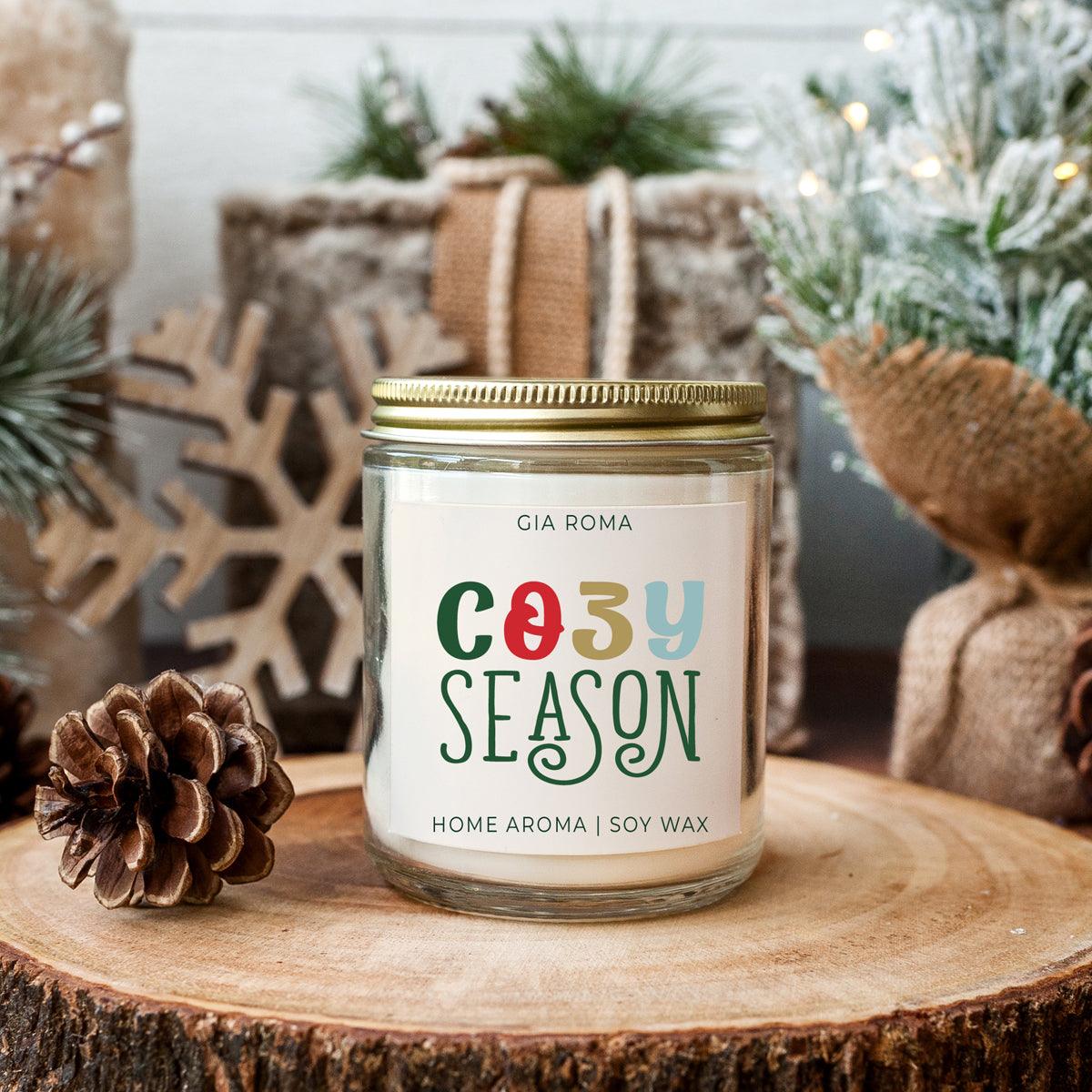 Candle Gia Roma Cozy Season soy wax in a clear glass jar with gold lid on Tampa Home & Garden Store