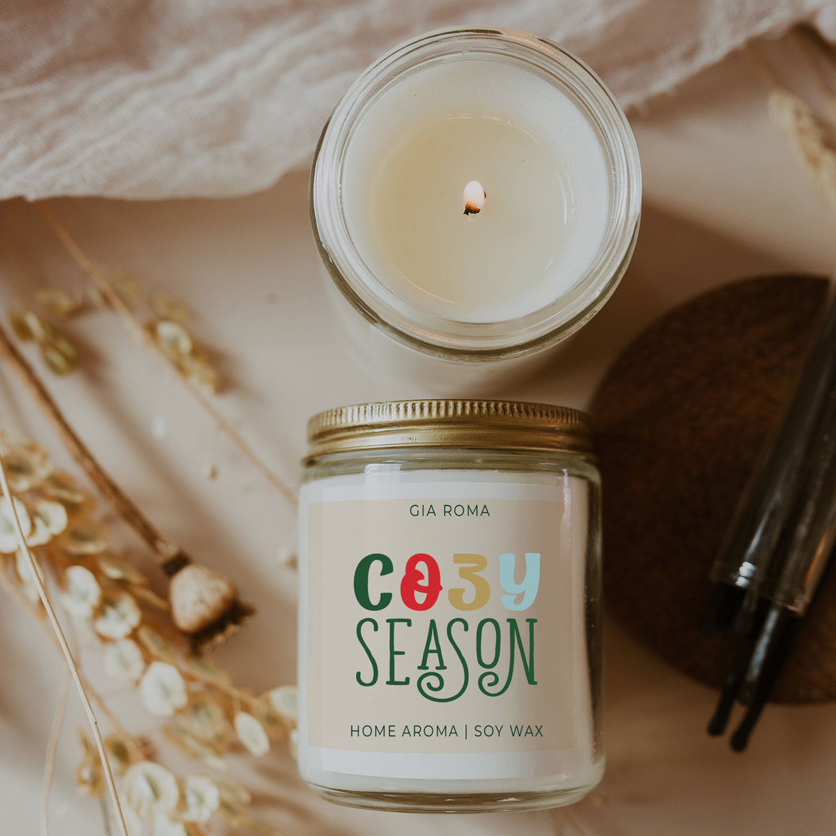Cozy Season Candle by Gia Roma, white soy wax in glass jar with colorful label on Tampa Home & Garden Store